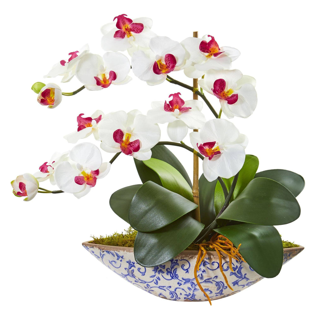 a white and pink orchid in a blue and white bowl