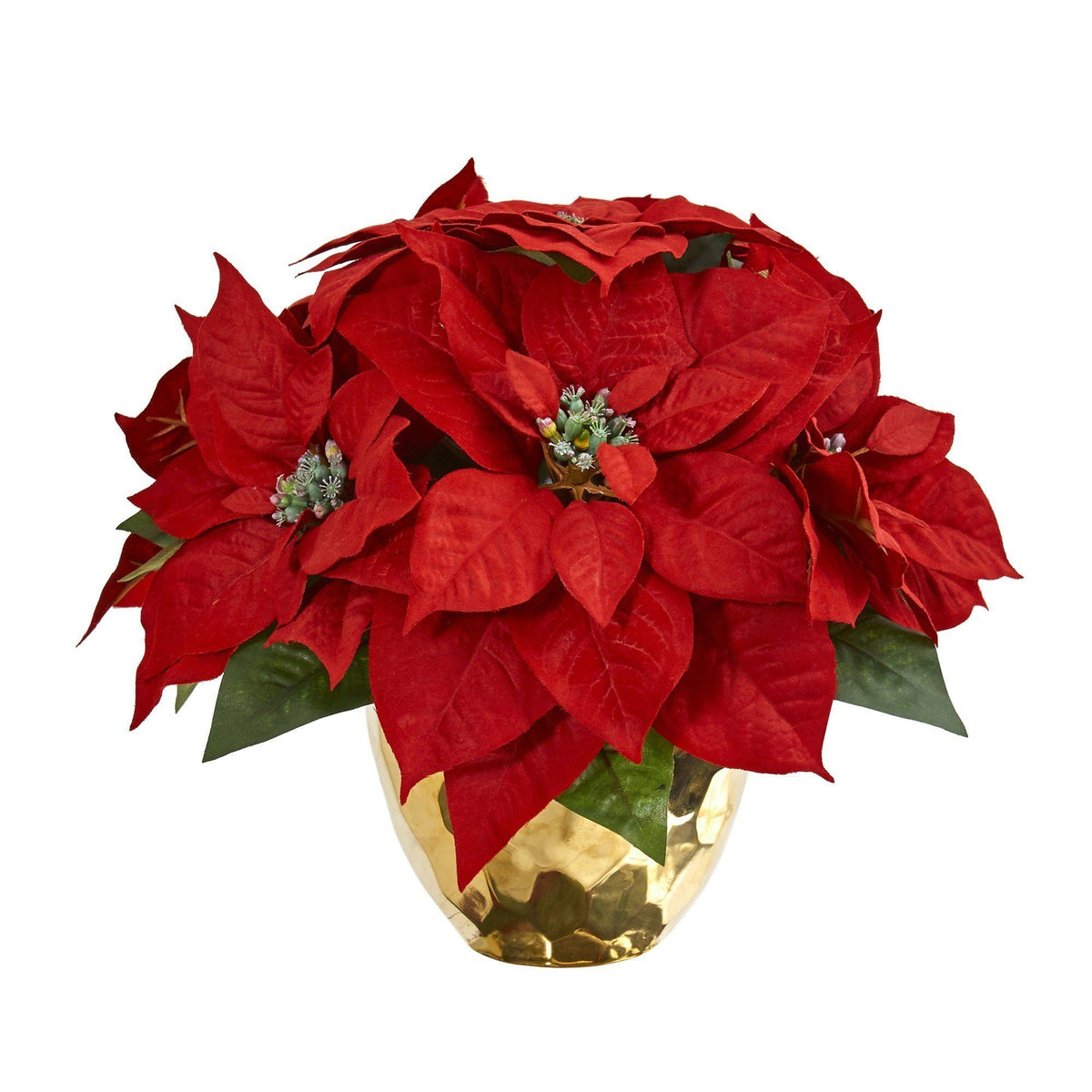 a red flowers in a gold vase