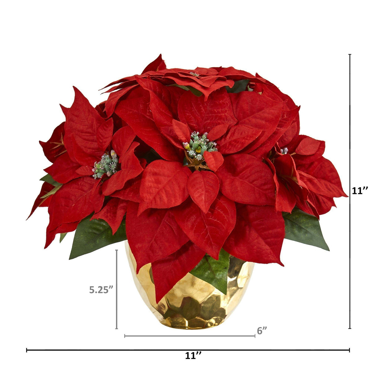 a poinsettia in a gold vase