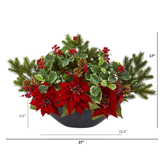 Poinsettia, Holly, Berry and Pine Artificial Arrangement