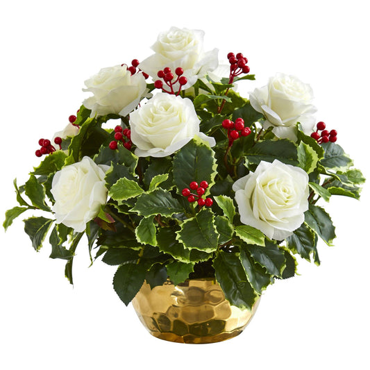 Rose and Variegated Holly Leaf Artificial Arrangement in Gold Bowl