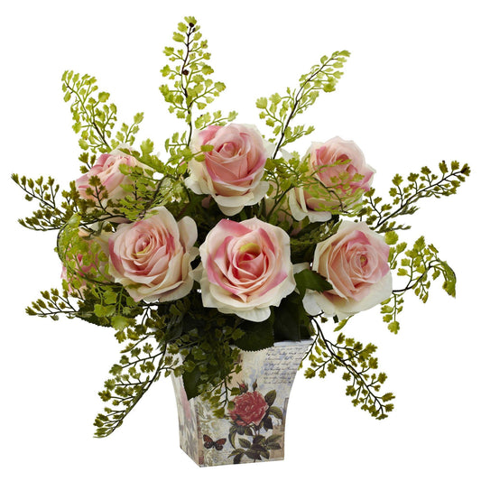 a vase of pink roses
