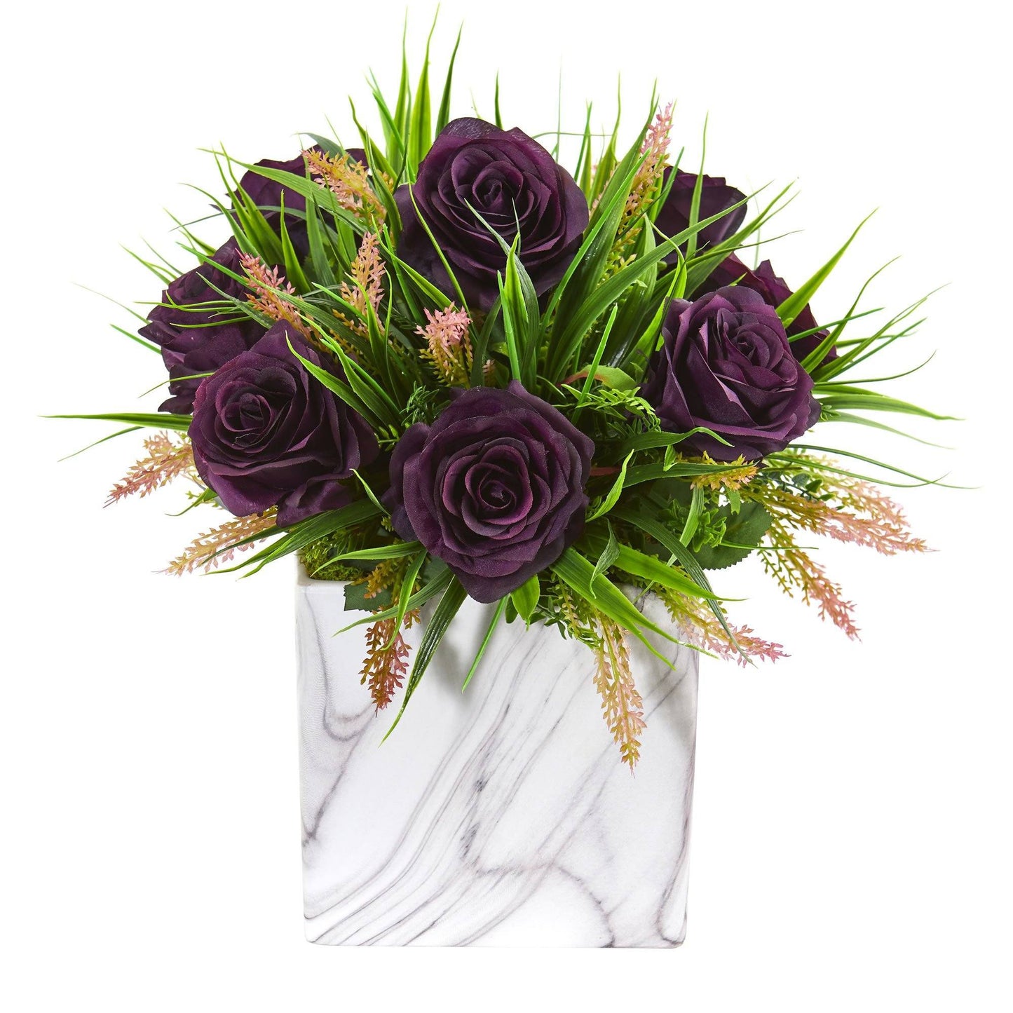 Roses & Grass Artificial Arrangement in Marble Finished Vase