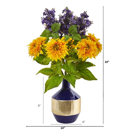 Sunflower and Lilac Artificial Arrangement in Blue and Gold Vase