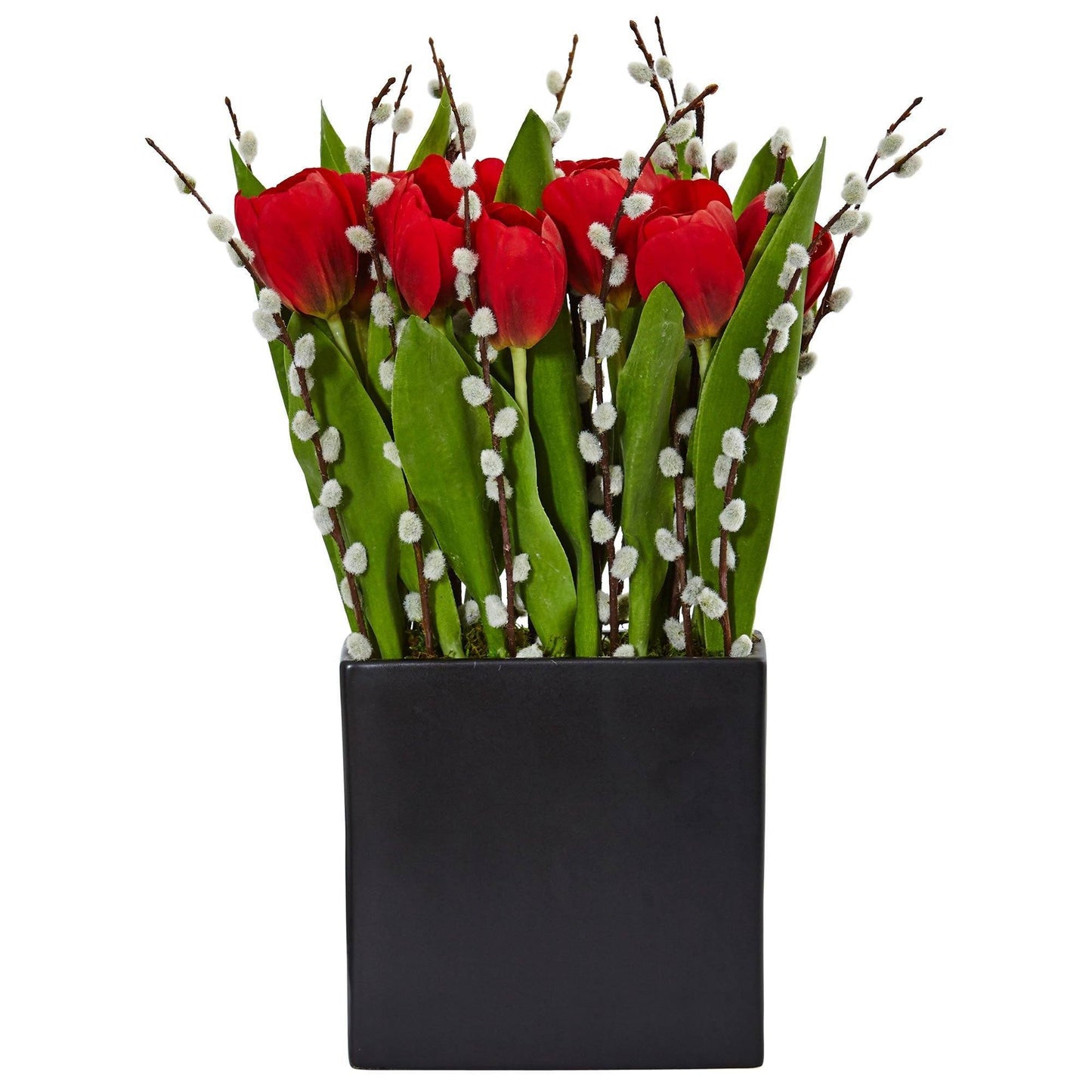 Tulips and Willow in Black Square Vase
