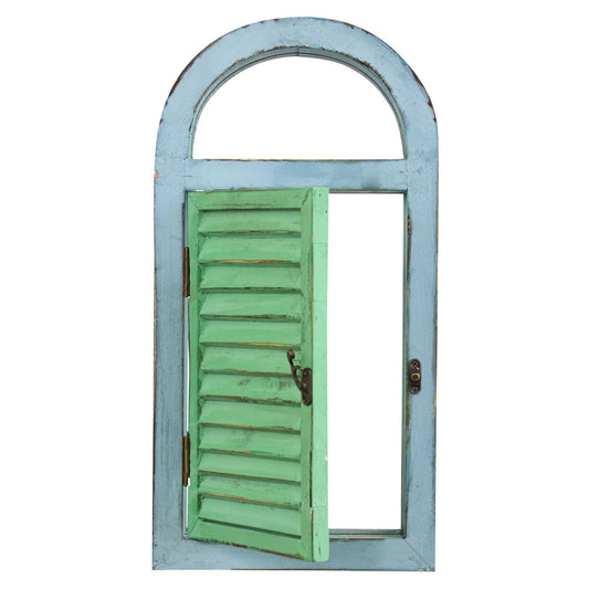 a blue and green window with a door open
