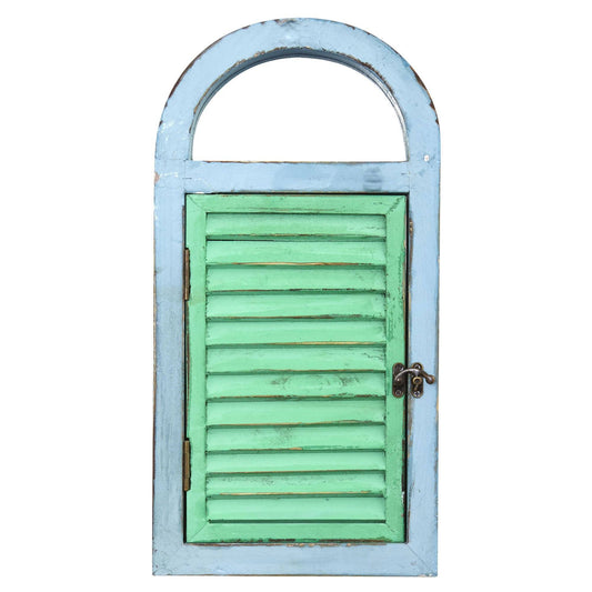 a blue and green shuttered window