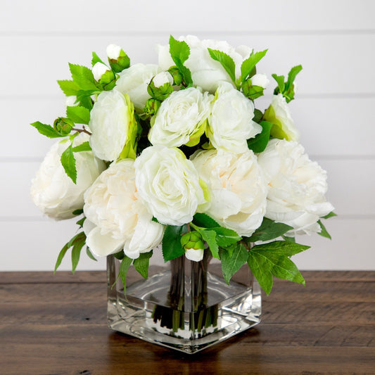 Wedding Collection 13" Peony and Camellia Artificial Arrangement in Glass Vase