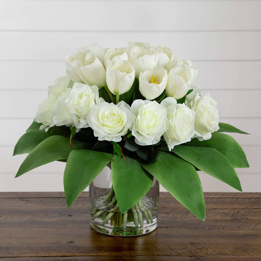 Wedding Collection 20" Artificial Roses and Tulips Arrangement in Glass Vase