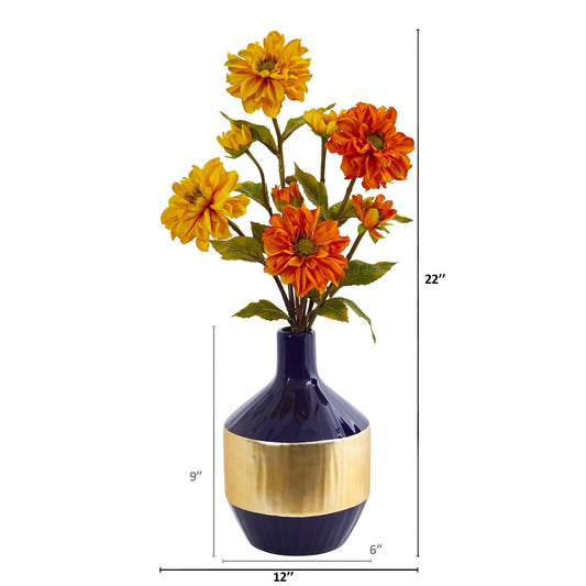Zinnia Artificial Arrangement in Blue and Gold Designer Vase