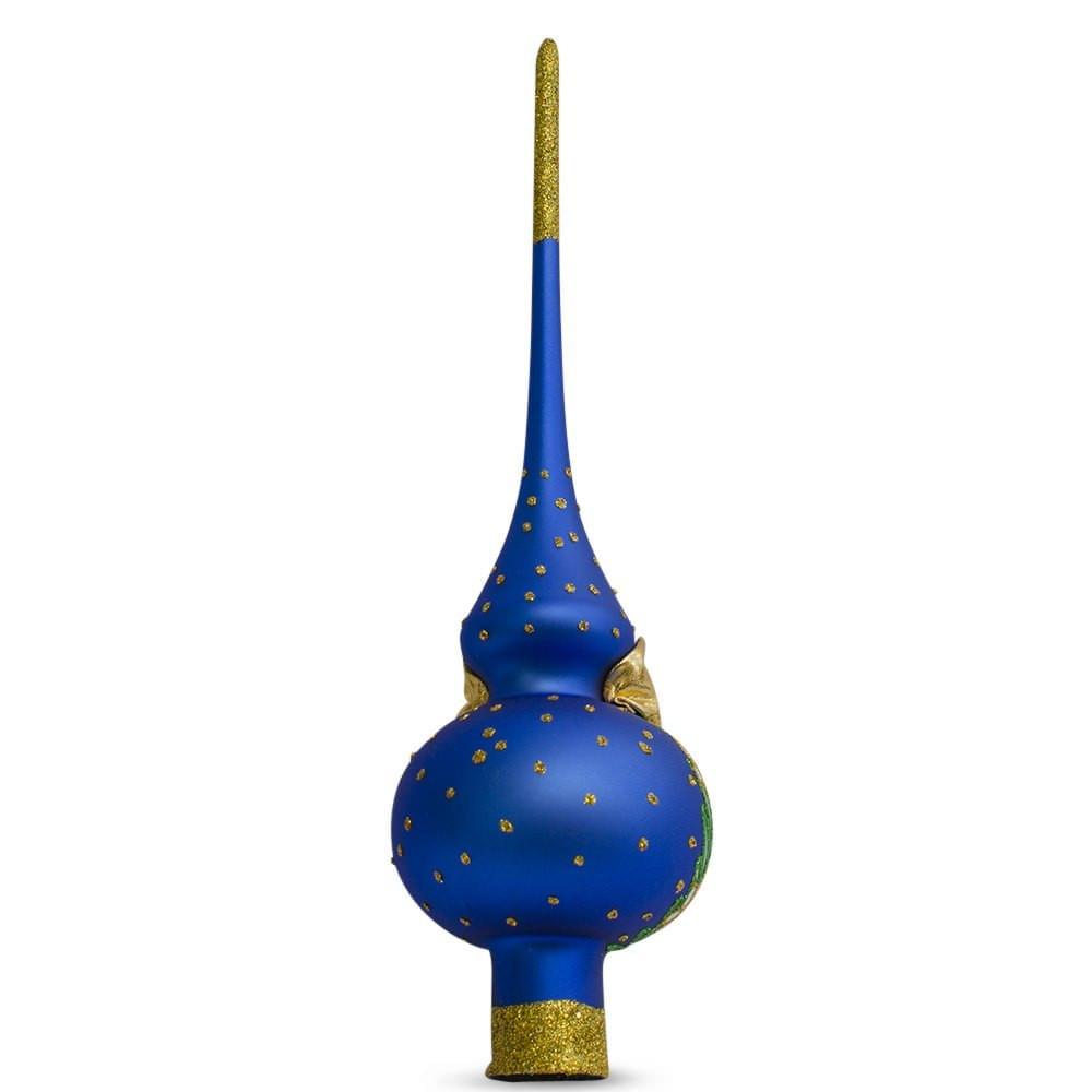 Santa with an Angel on Blue Glass Christmas Tree Topper 11 Inches