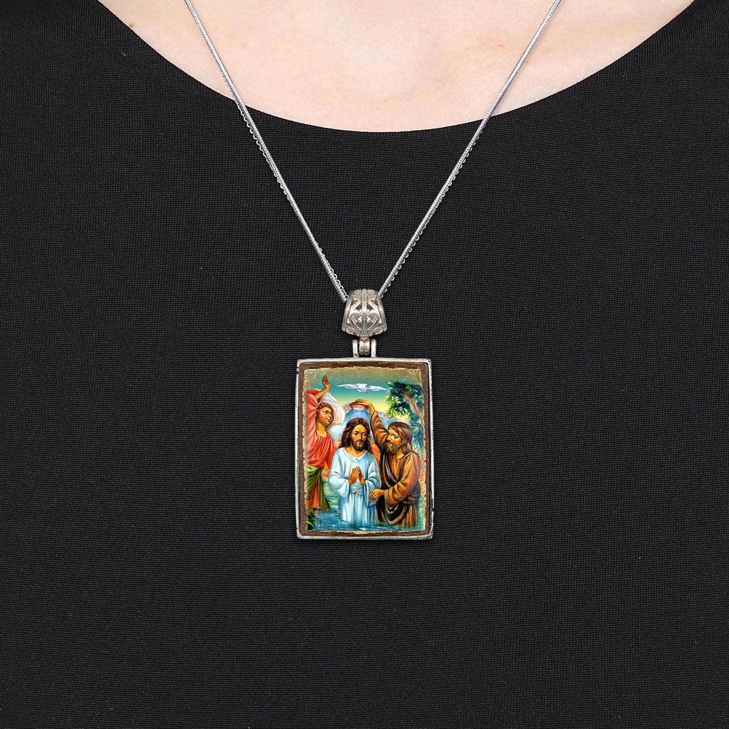 The Holy Family Religious Jewelry Silver Plated Necklace, Gold-Plated Wooden Cabochon - Orthodox Sacred Icon - Inspirational Icon Decor - 43020R
