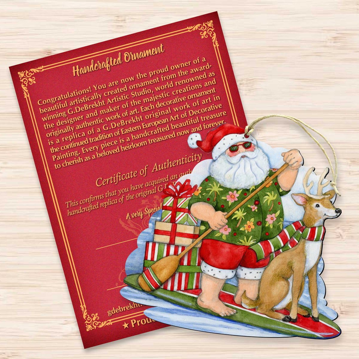 Christmas Decoration Paddleboarding Santa - Handmade Wooden Tree Ornament by Susan Winget - 8471114-SW