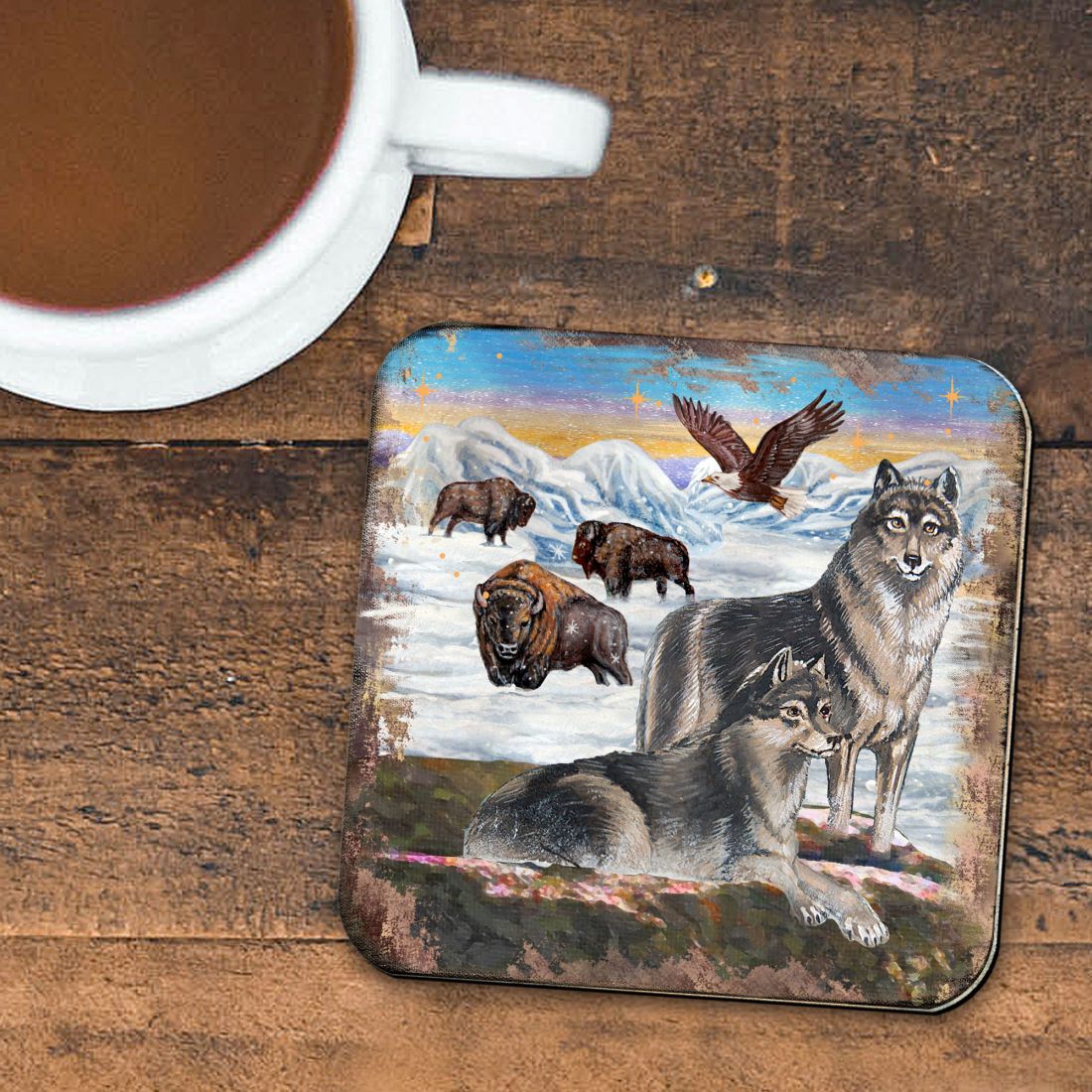 Winter Wolves Wooden Cork Coasters Gift Set of 4 by Nature Wonders - Nature Wildlife Decor  - 95222C-S4