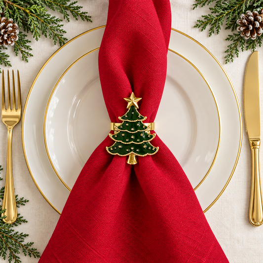 a plate with a napkin ring and a red napkin with a gold star and pine cones