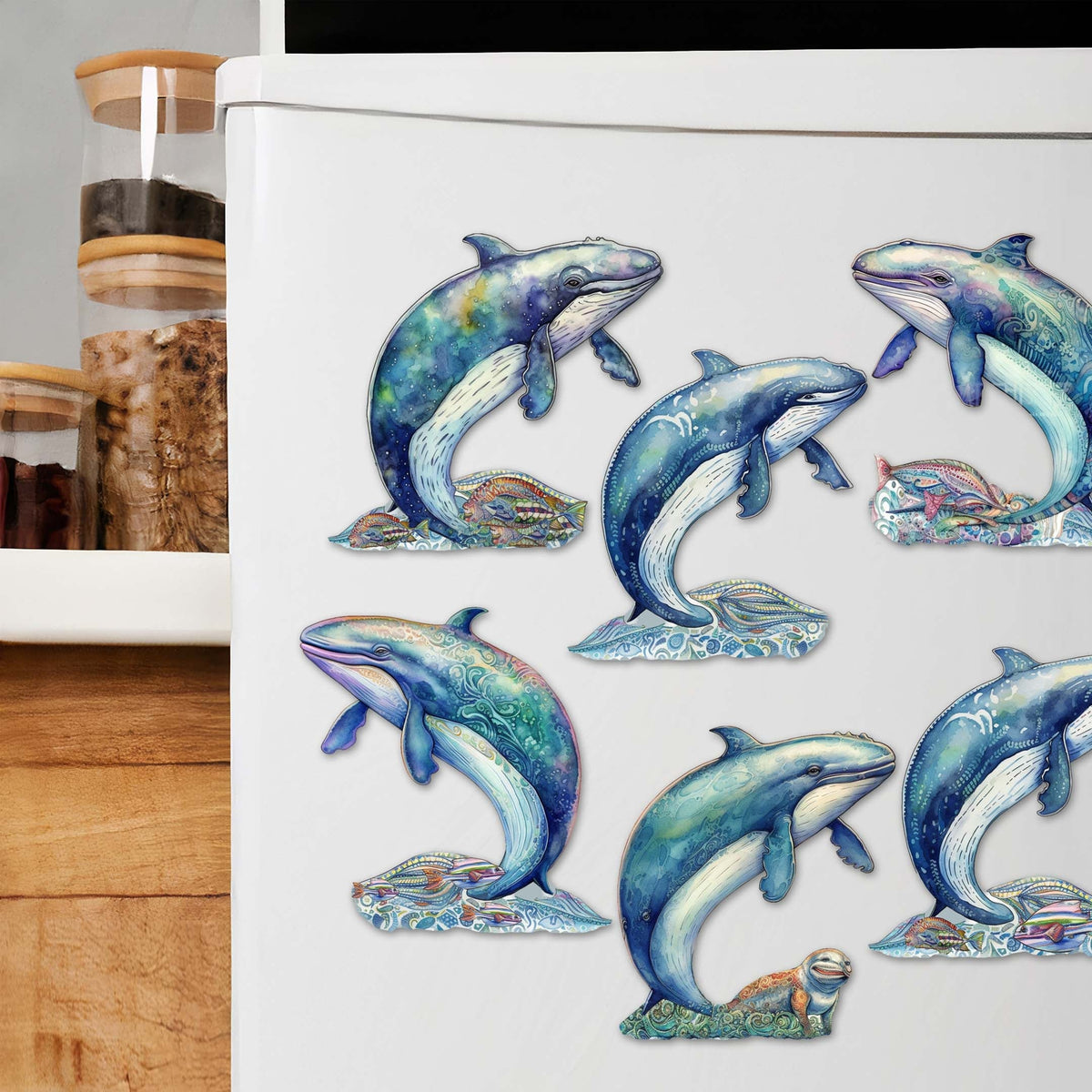 Whale's Melody Decorative Eco Wood Magnets Set of 6 by G. Debrekht - Wildlife Coastal Decor - 8090110G-S6