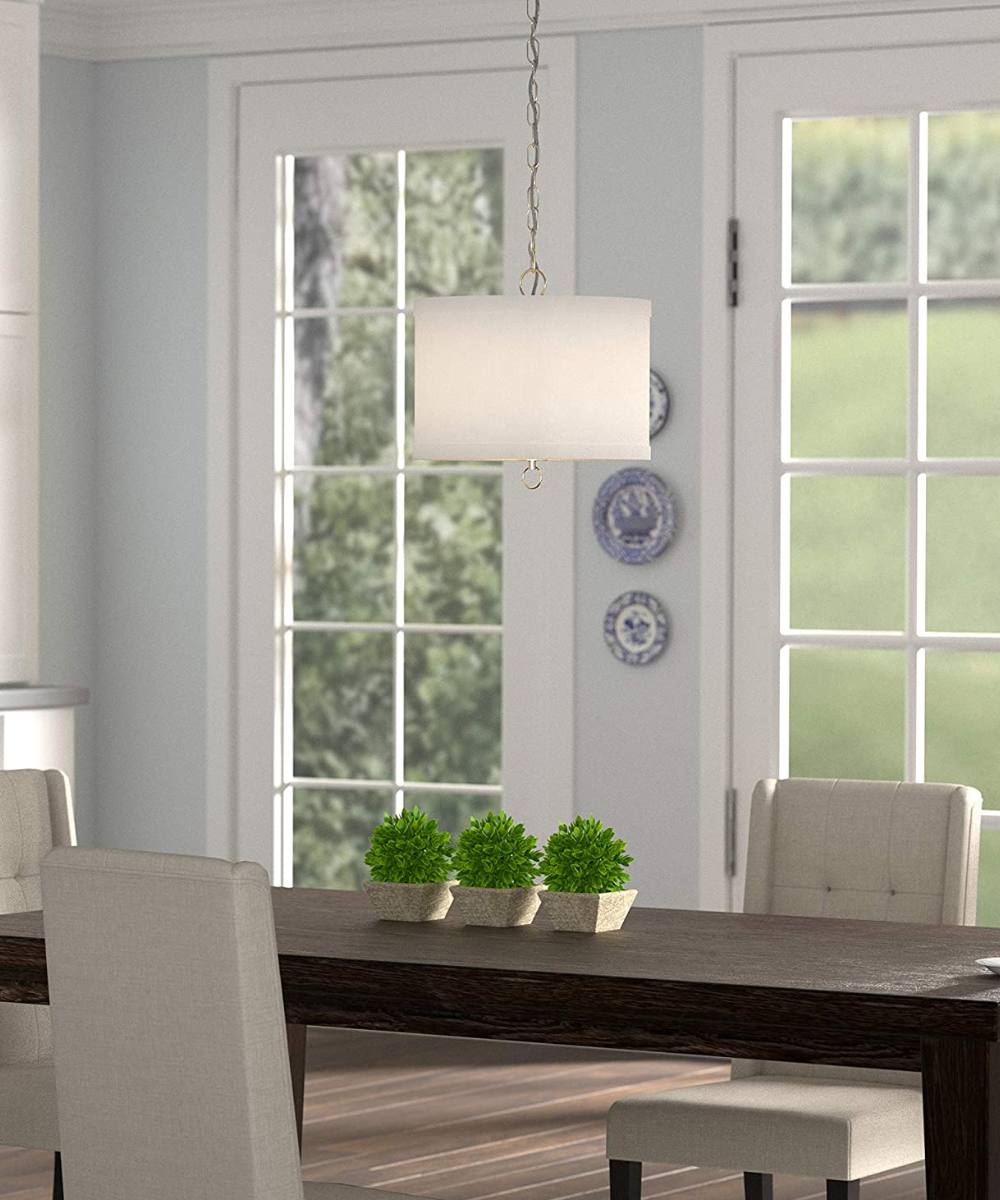 14"W Light Pendant Brushed Nickel Finish with Oatmeal Linen Shade