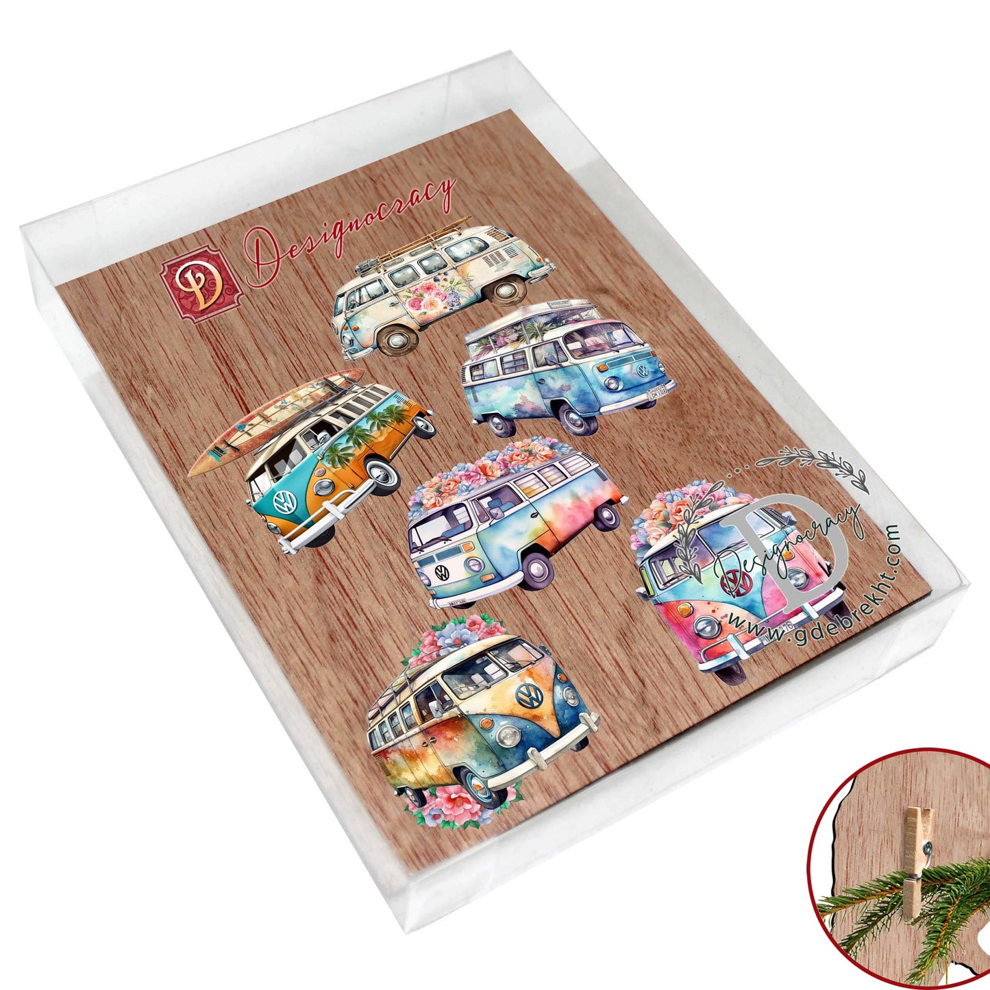 Surf Vans Clip-On Eco Wood Decorative Ornaments Set of 6 by G. Debrekht - Christmas Decor - 8090040C-S6