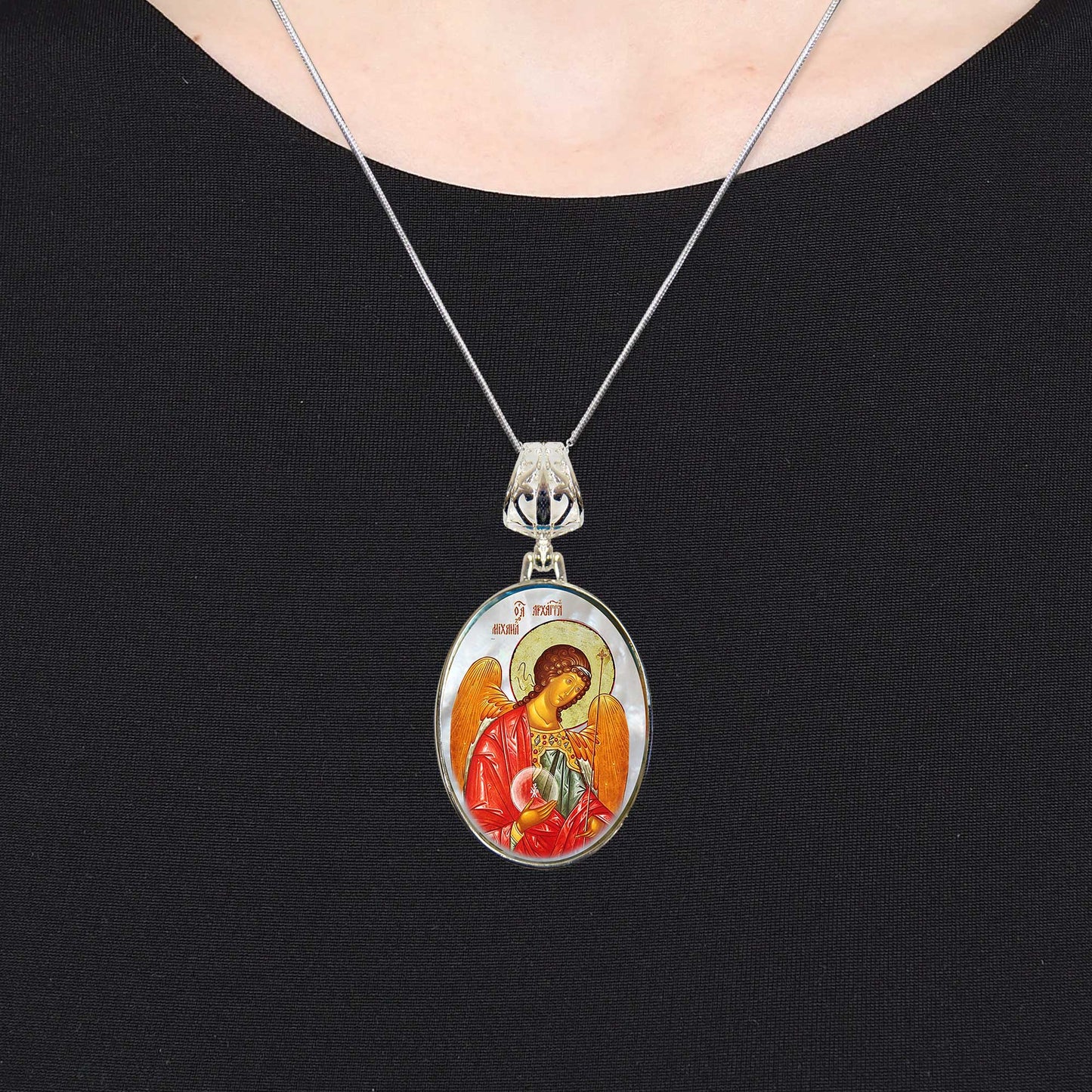 Saint Michael the Archangel Silver Plated Mother of Pearl Necklace - 43027O