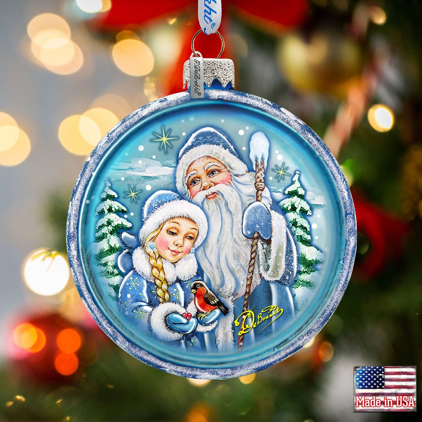 Santa With a Girl Cut Ball Glass Ornament by G. DeBrekht - Christmas Santa Snowman Decor - 764-107