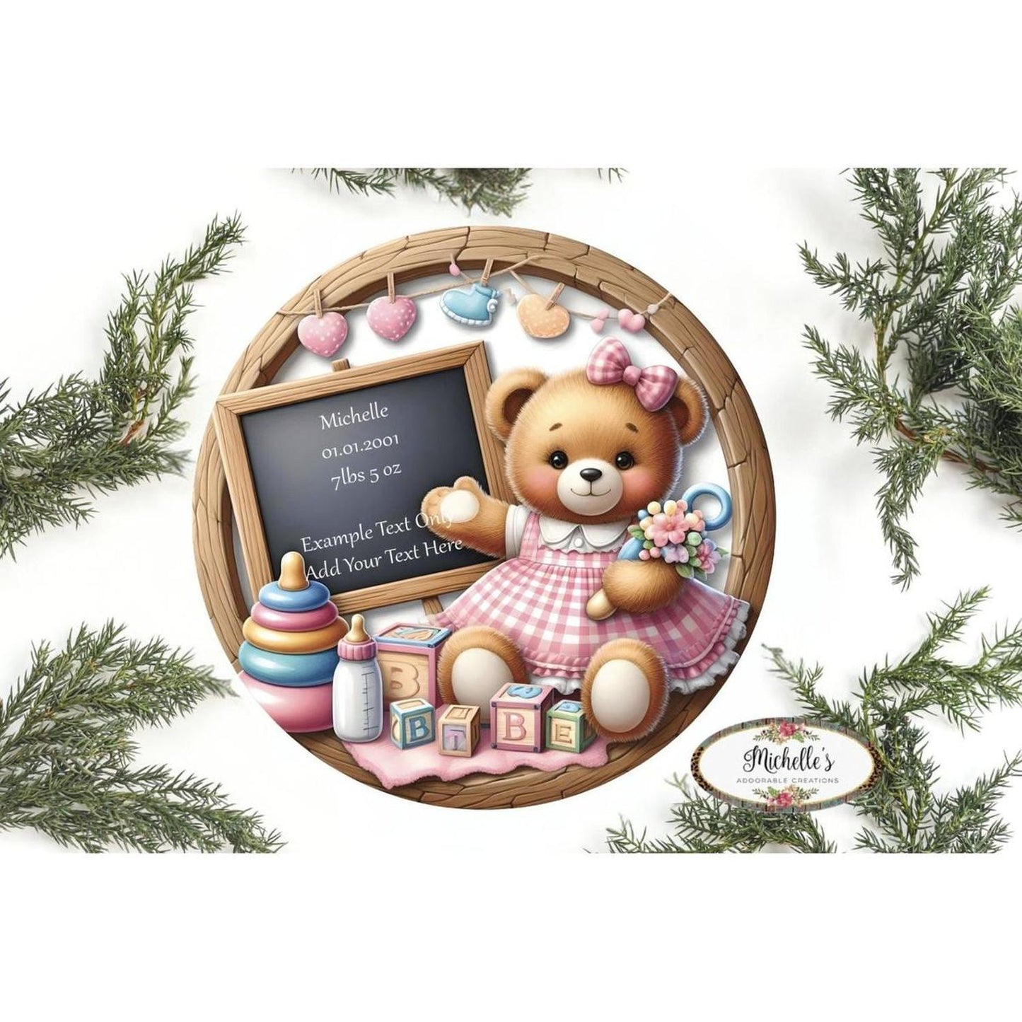 Baby Bear Girl Announcement Round Sign