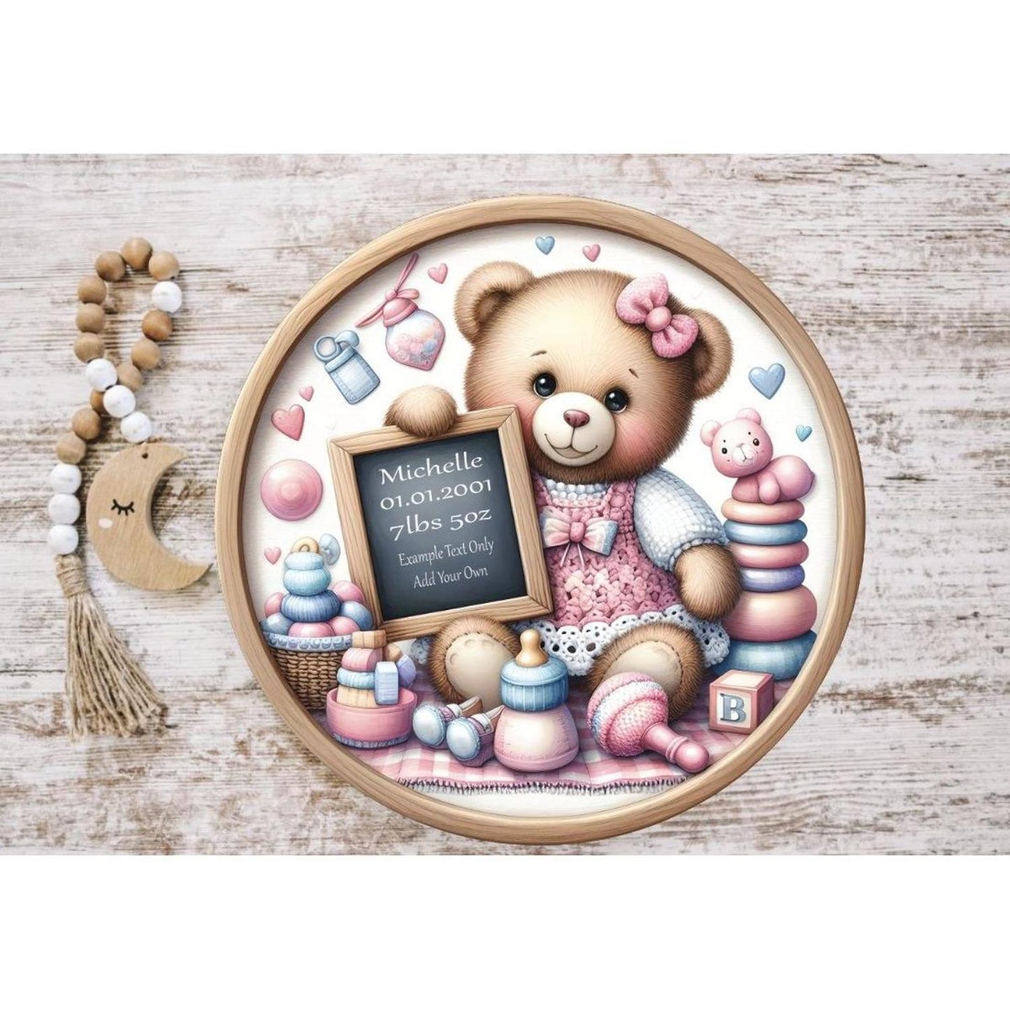 Baby Girl Bear Announcement Round Sign