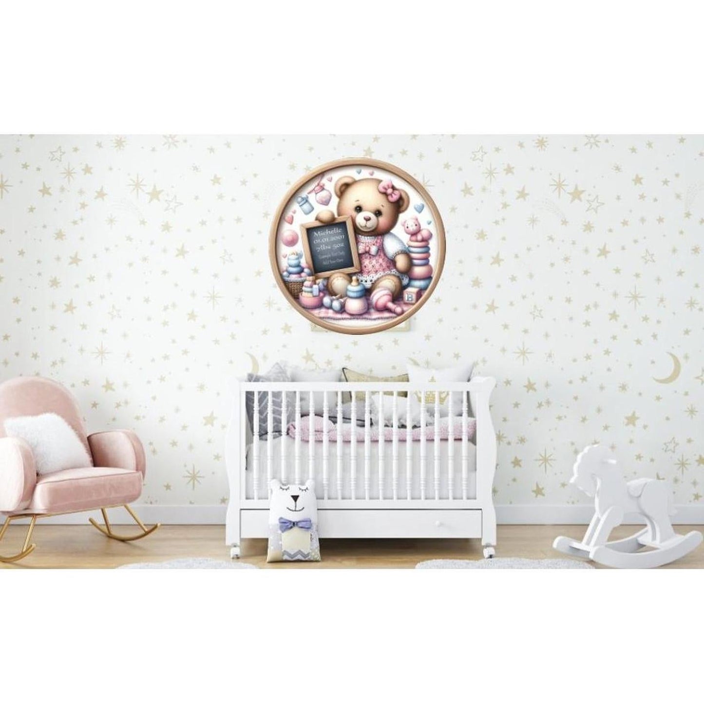Baby Girl Bear Announcement Round Sign