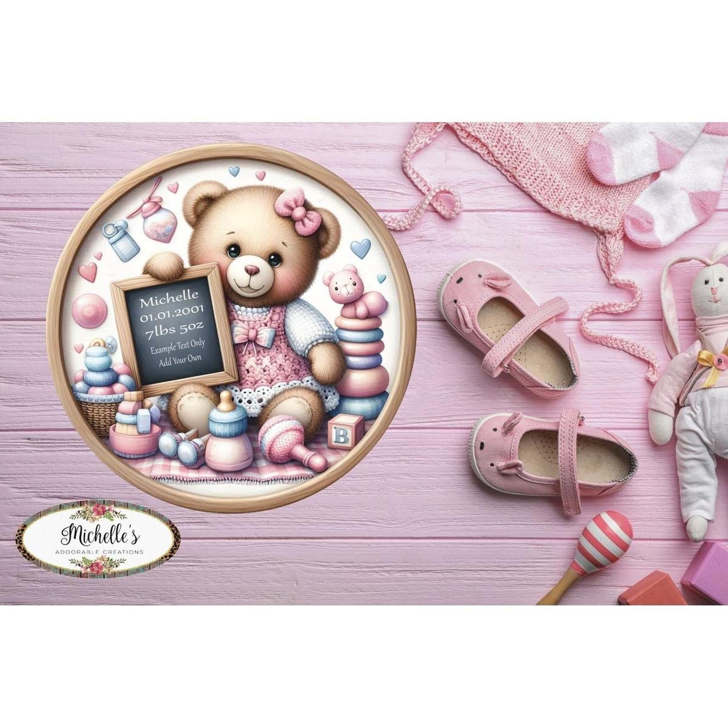 Baby Girl Bear Announcement Round Sign