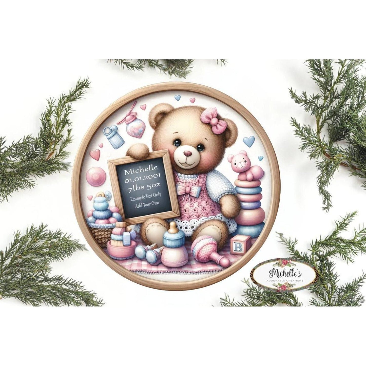Baby Girl Bear Announcement Round Sign