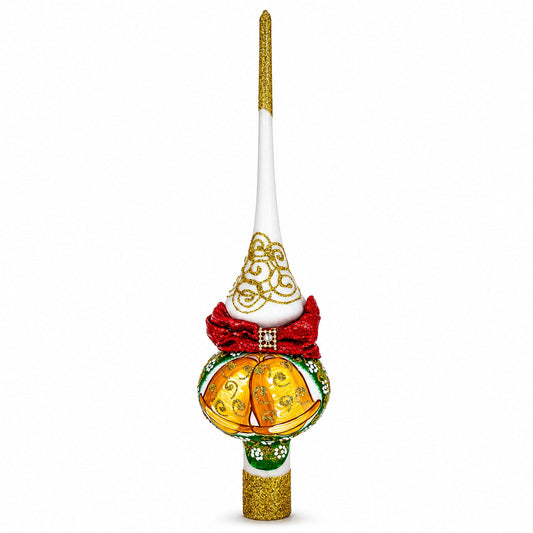Bow and Bells on White Glass Christmas Tree Topper 11 Inches
