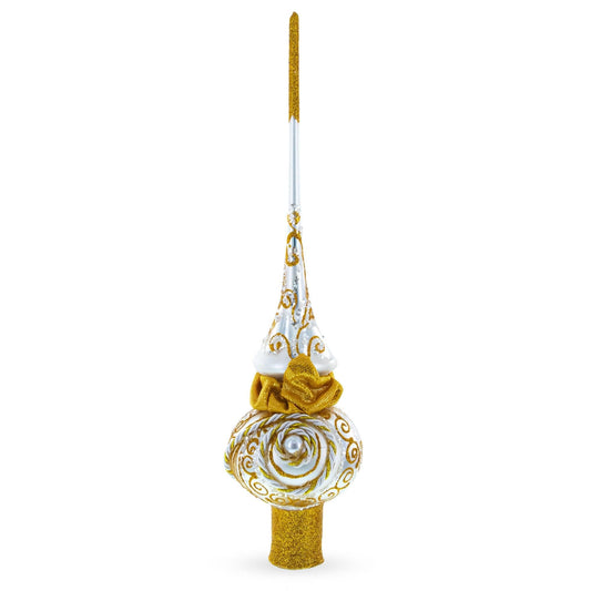 Golden Twisted Rope and Bow on White Glass Christmas Tree Topper 11 Inches