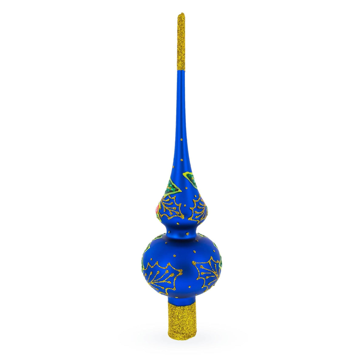Santa and Mistletoe Wreath on Blue Glass Christmas Tree Topper 11 Inches