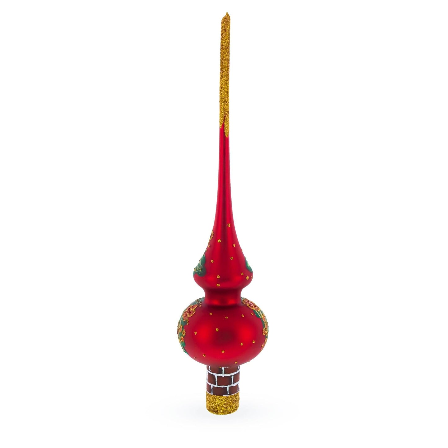 Santa in Chimney & Poinsettia Design Glass Christmas Tree Topper 11 Inches
