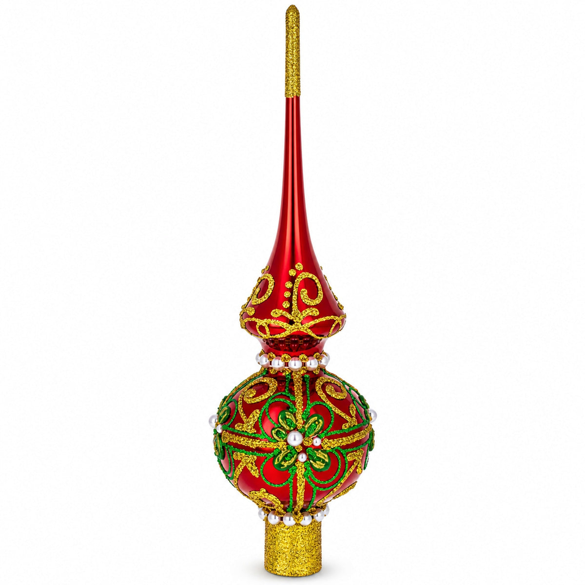 a red and gold christmas ornament