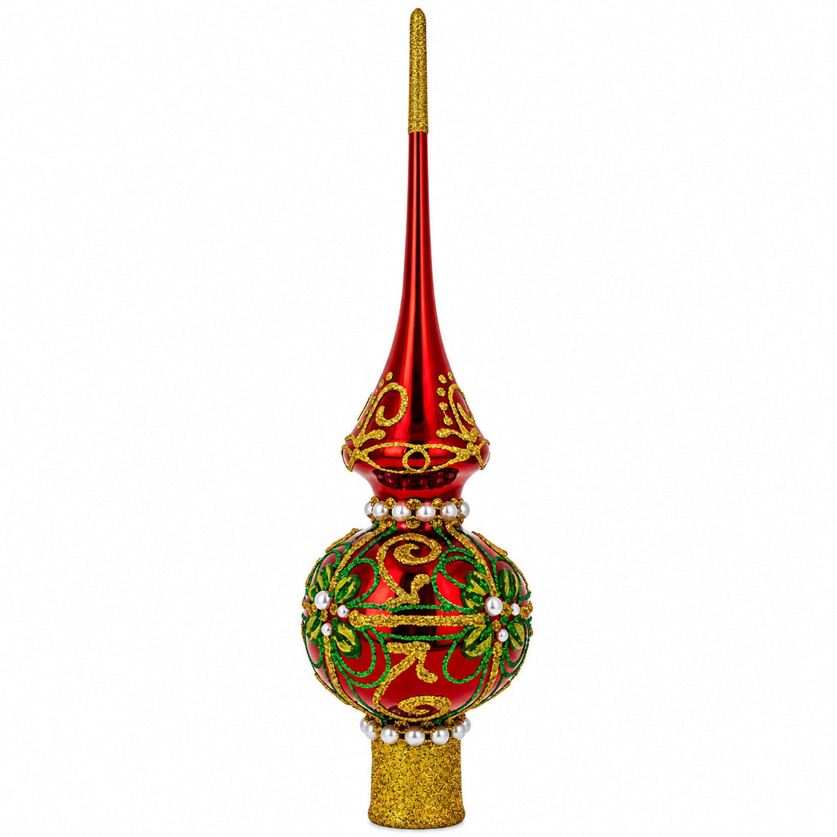 a red and gold christmas ornament