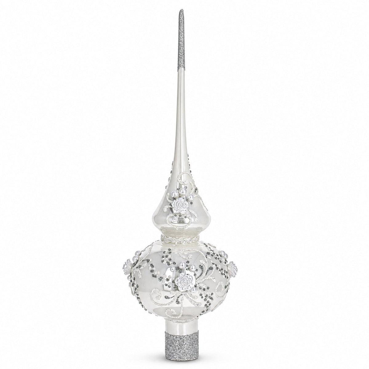 a white and silver christmas tree topper