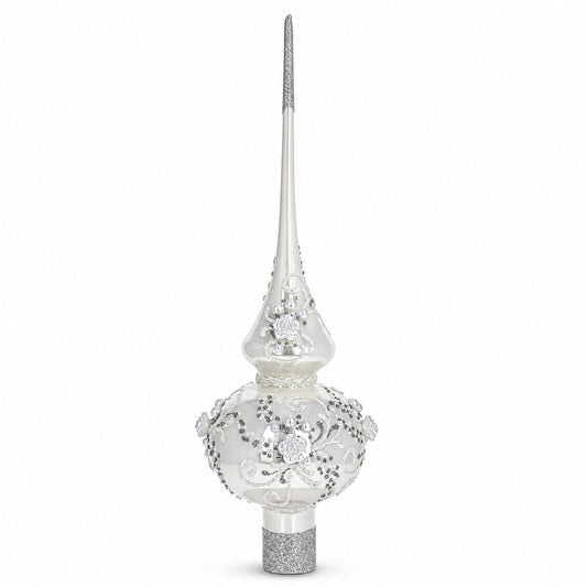 White Roses and Pearls on Glossy White Glass Christmas Tree Topper 11 Inches