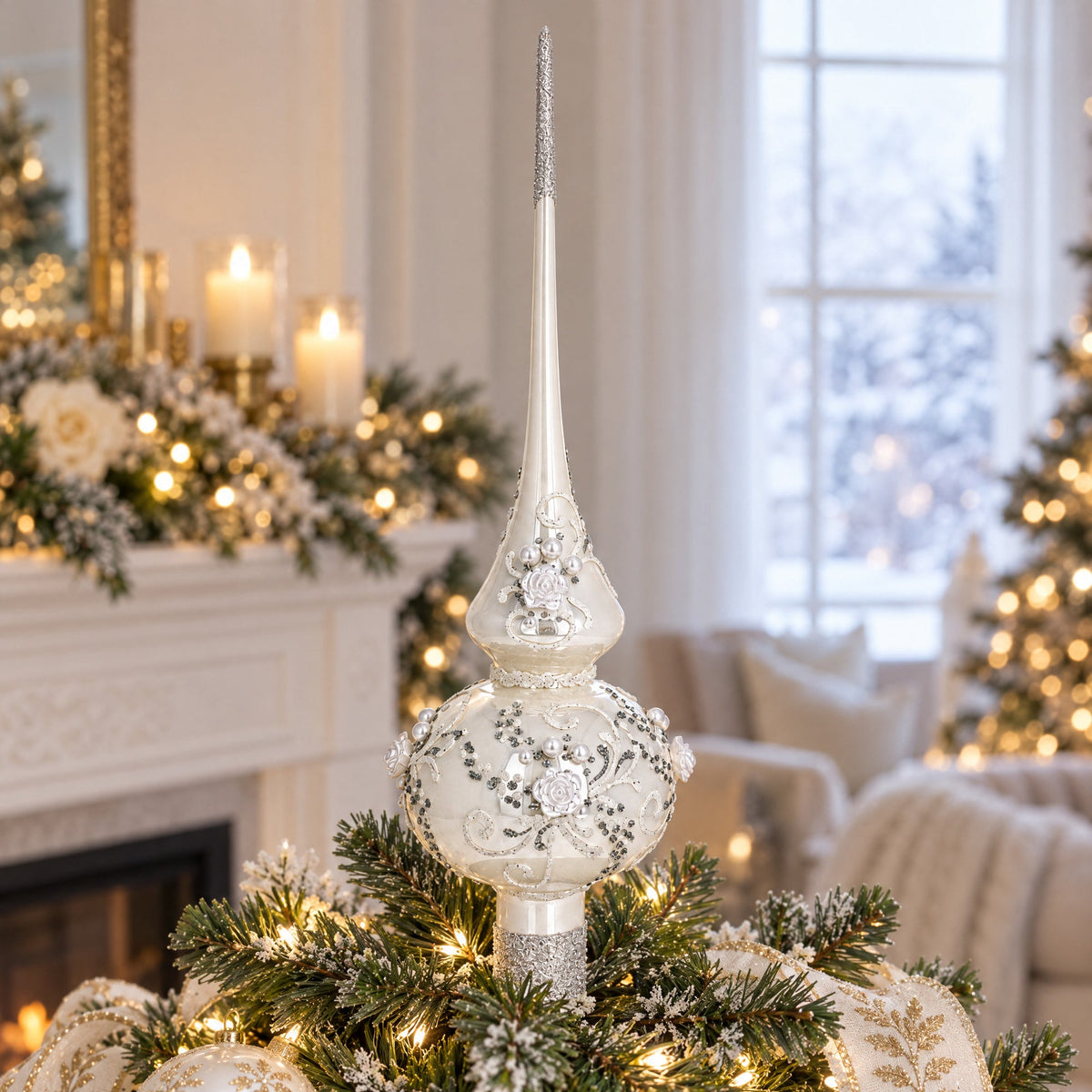 a christmas tree with lights and a fireplace