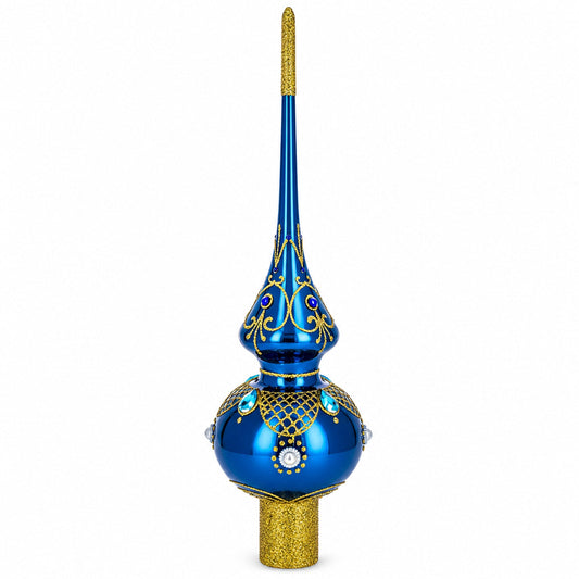 Blue Jewels and White Pearls on Glossy Blue Glass Christmas Tree Topper 11 Inches
