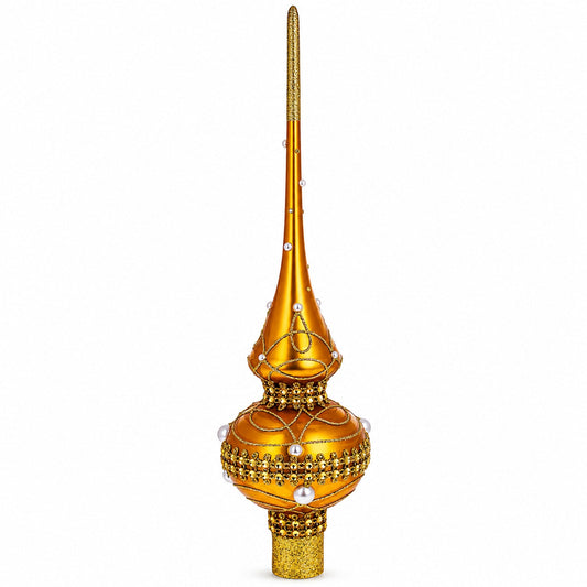 Golden Jewels White Pearls on Gold Glass Christmas Tree Topper 11 Inches