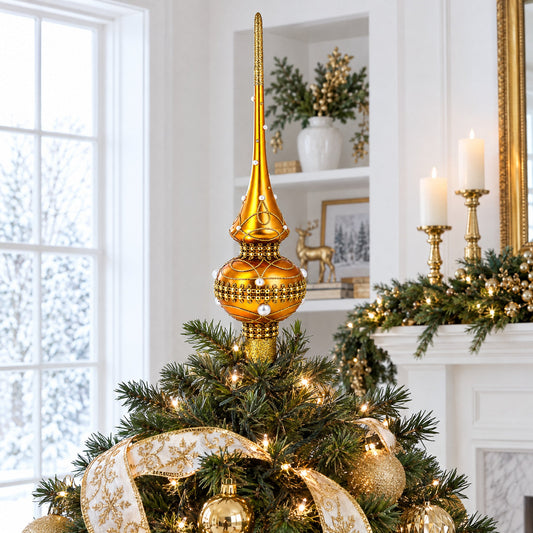 Golden Jewels White Pearls on Gold Glass Christmas Tree Topper 11 Inches