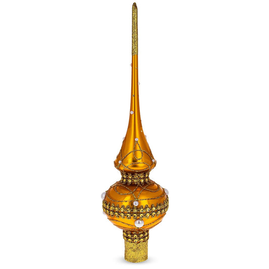 Golden Jewels White Pearls on Gold Glass Christmas Tree Topper 11 Inches