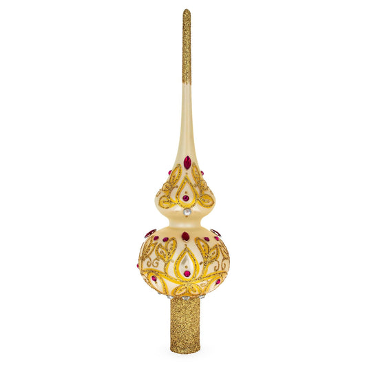 Red Jeweled with Golden Leaves Glass Christmas Tree Topper 11 Inches