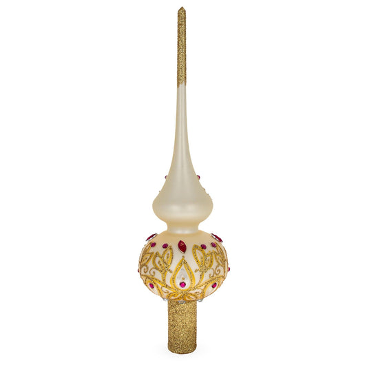 Red Jeweled with Golden Leaves Glass Christmas Tree Topper 11 Inches