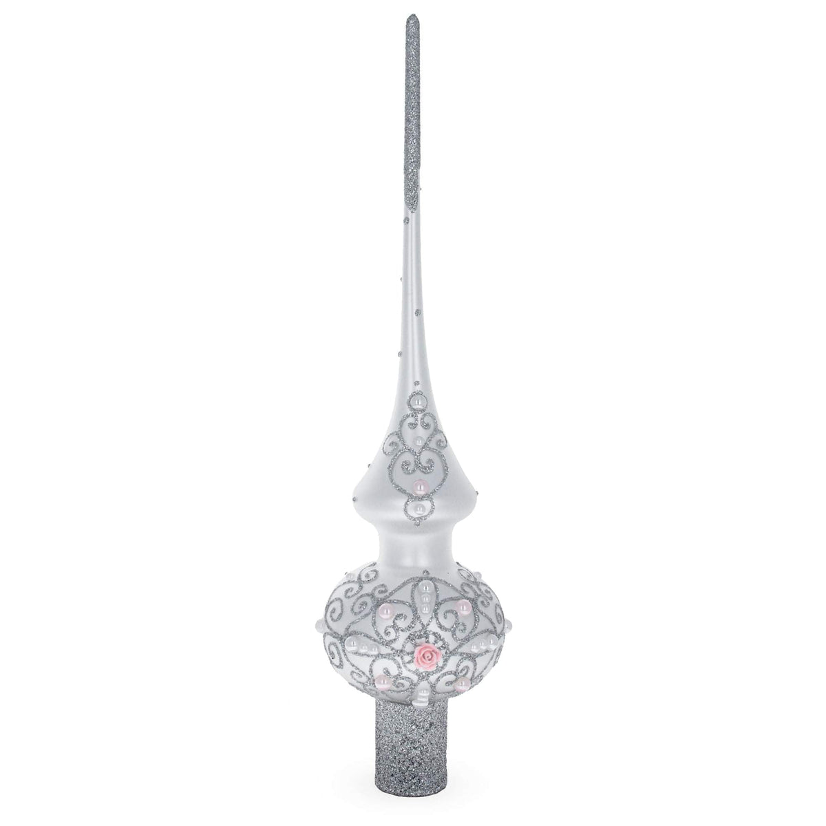 Pink Roses and Pearls on Silver Glass Christmas Tree Topper 11 Inches