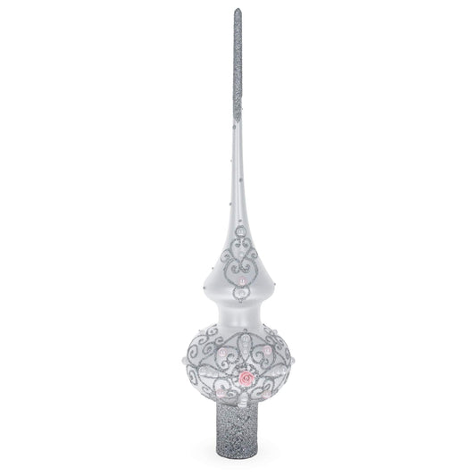 Pink Roses and Pearls on Silver Glass Christmas Tree Topper 11 Inches