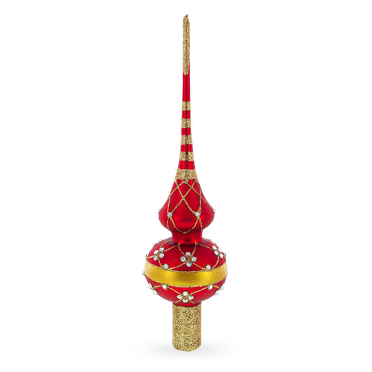 Dimensional White Diamond Trellis on Red Glass Christmas Tree Topper 11 Inches