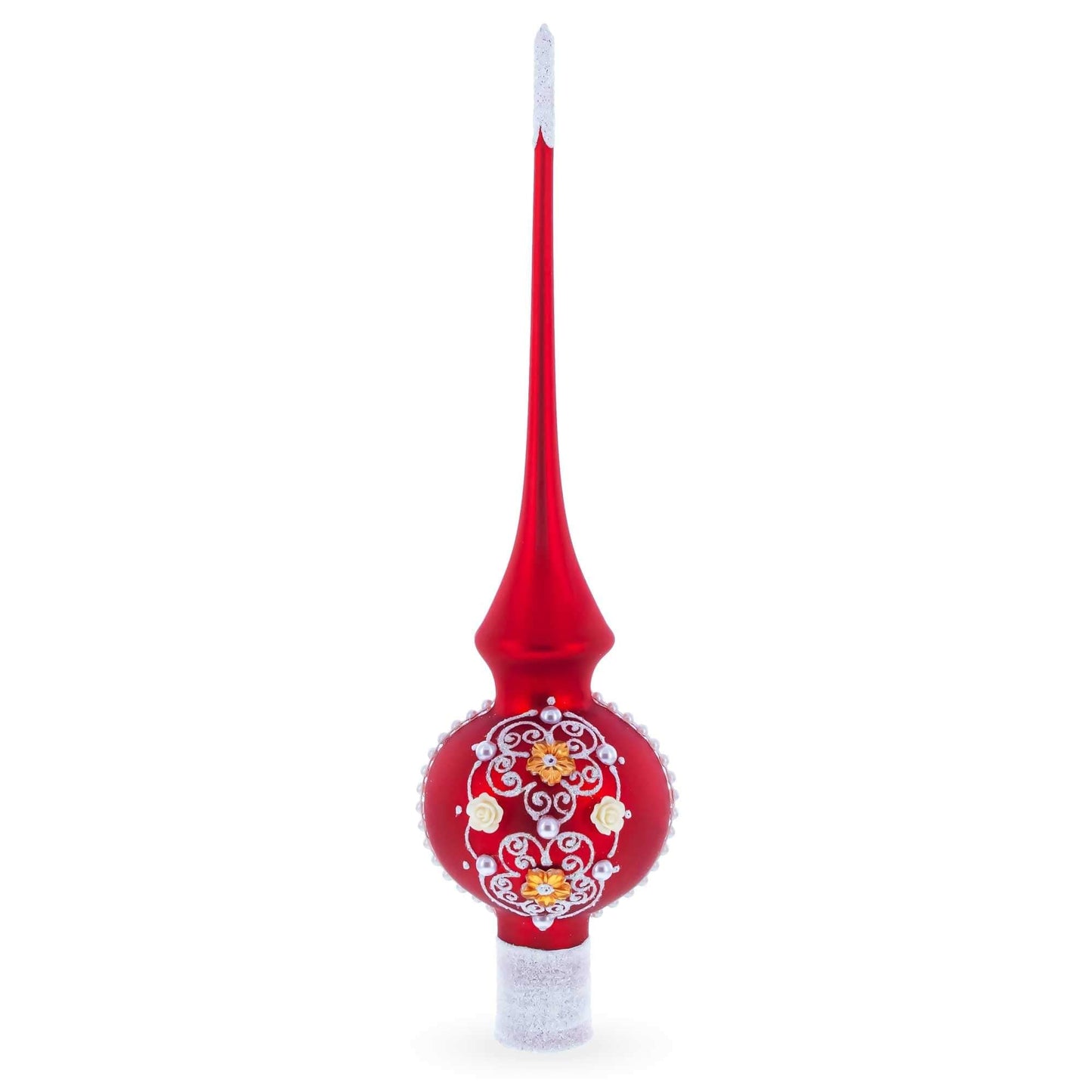 Golden Flowers and Silver Swirls on Red Glass Christmas Tree Topper 11 Inches