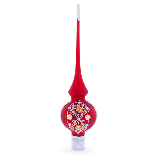 Golden Flowers and Silver Swirls on Red Glass Christmas Tree Topper 11 Inches