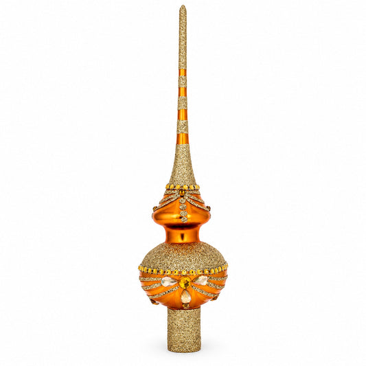 White and Golden Jewels on Sparkling Orange Glass Christmas Tree Topper 11 Inches